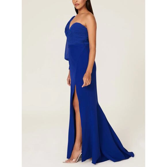 Elle Zeitoune Blue One Shoulder Structured Gown LARGE Formal Slit Designer $410 - Picture 2 of 12
